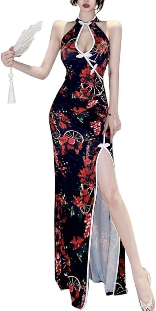Women's Mandarin Collar Halter Sexy Open Bust Backless Floral High Slit Long Cheongsam Chinese Prom Costume
