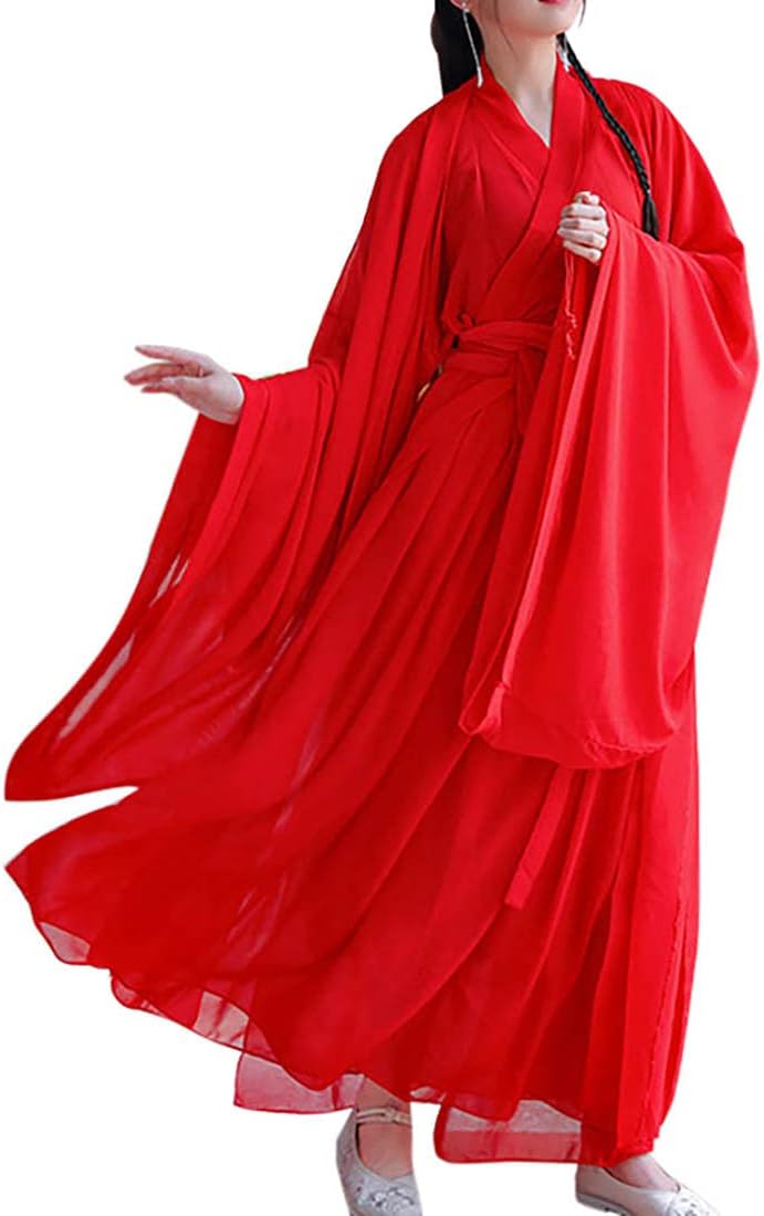 BooW Women's Traditional Chinese Costume Flowy Hanfu Dress Outfit Martial Art Chinese Dance Performance Wear (041# Red, M)