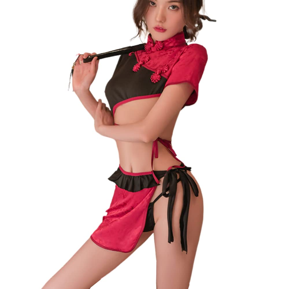 Women's Sexy Cheongsam Lingerie Cosplay Pajamas Chinese Vintage Embroidered Dress