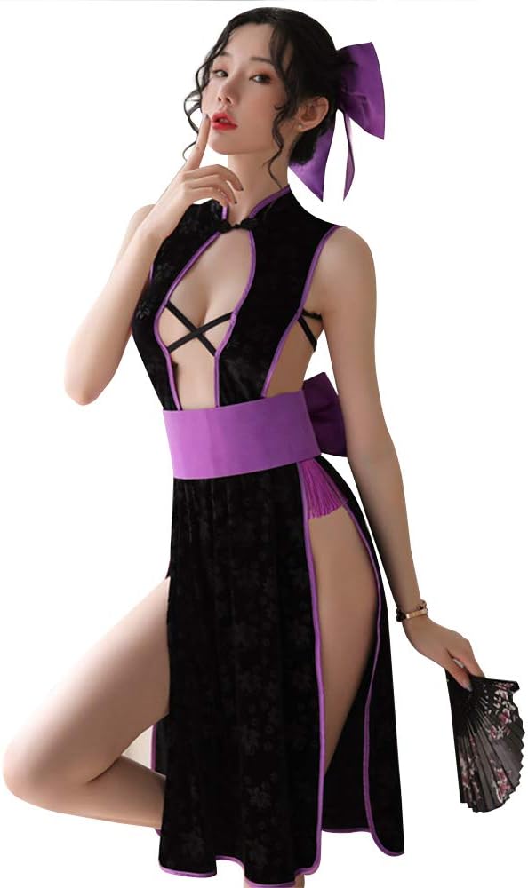 YOMORIO Sexy Cheongsam High Split Dress Cross Back Strappy Anime Cosplay Costume (Purple)