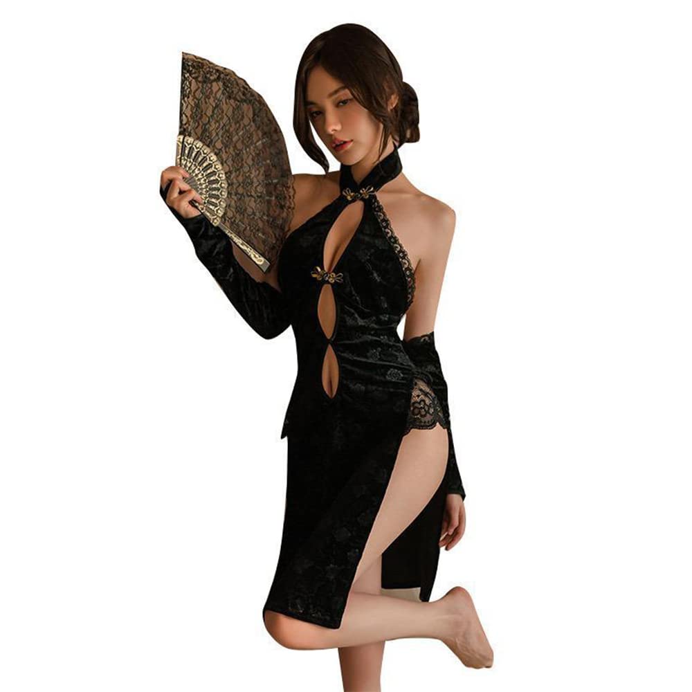 Women's Sexy Cheongsam Lingerie Cosplay Pajamas Chinese Vintage Embroidered Dress