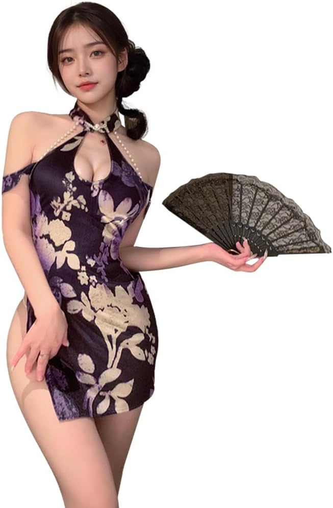 sexy cheongsam dress for women Lingerie outfit Costume chinese Style Roleplay Qipao Perspective anime cosplay Bodycon velvet High Split Nightgown Chemise Babydoll Thong purple