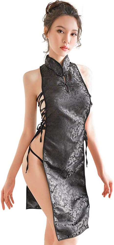 YOMORIO Sexy Chinese Cheongsam Dress Anime Cosplay Lingerie for Women Traditional Qipao (Black)