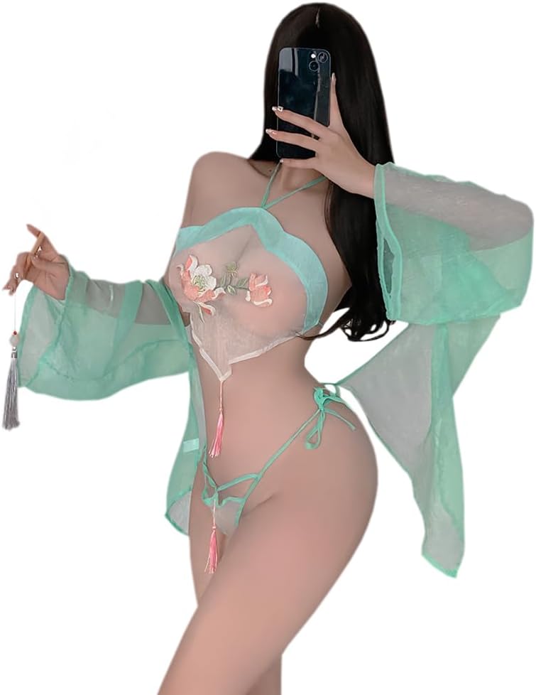 sexy lingerie dress for Women Cosplay Costume exotic Hanfu Outfit cheongsam Chinese Fairy Cute Roleplay high slit anime babydoll Arabian Floral bra Skirt tassel white green
