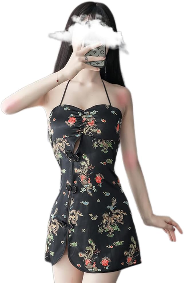Women's Sexy Cheongsam Lingerie Cosplay Pajamas Chinese Vintage Embroidered Dress