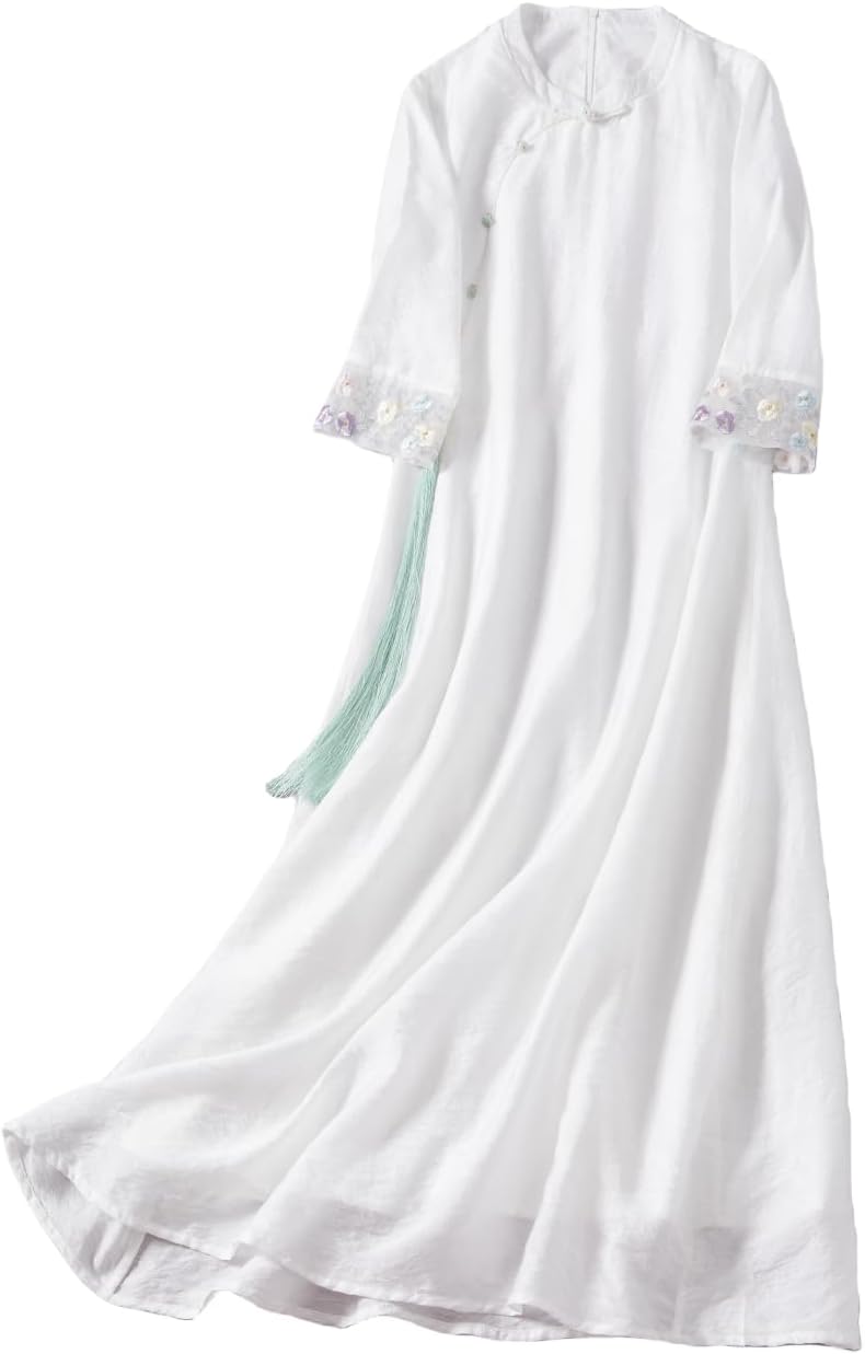 Meufam Women Summer Casual Zipper Back Cheongsam Solid ColorChinese Style Cocktail Party Dresses Hanfu Tie Up Dress Outfits