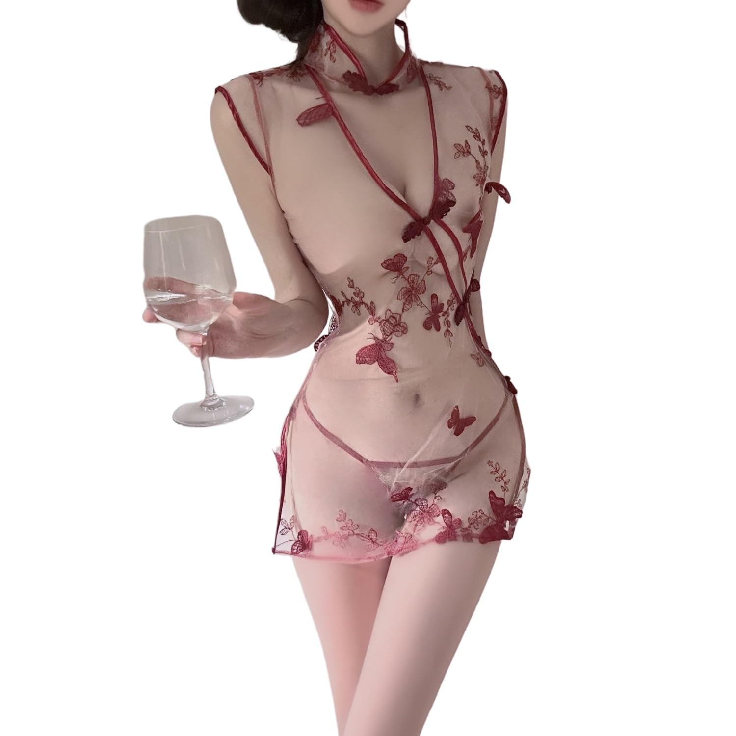 Sexy Women's Chinese Classical Cheongsam Lingerie Chinese Cheongsam Hollow Print dress pajamas