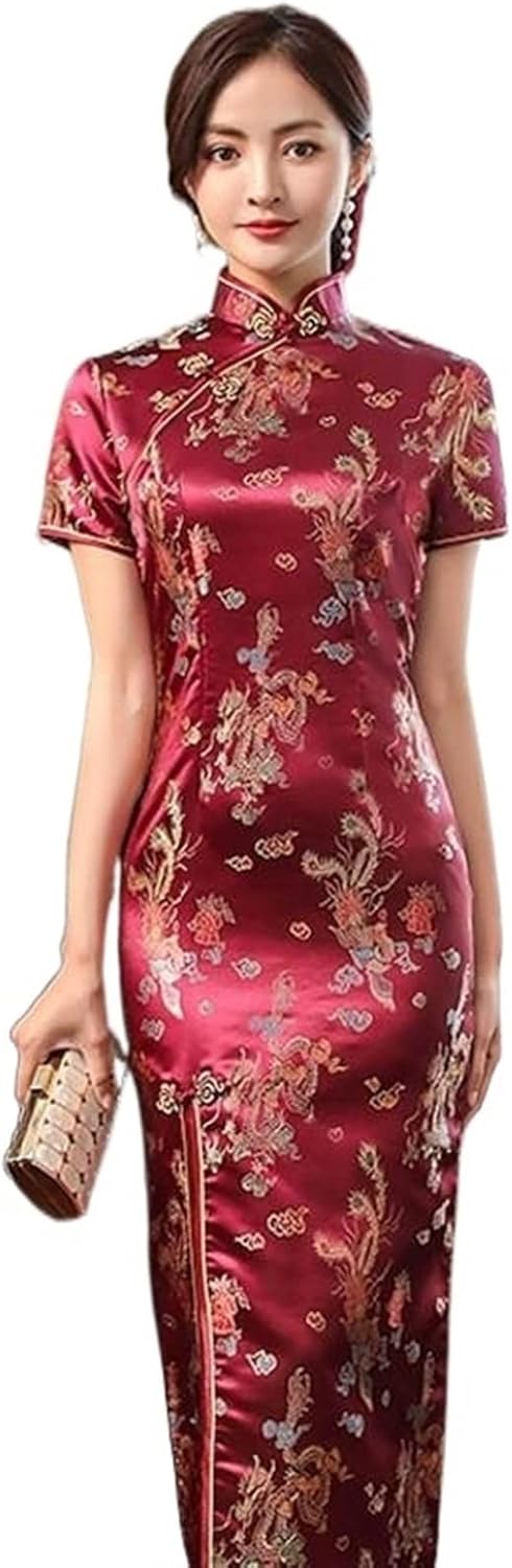 Sexy New Brocade Satin Long Fork Cheongsam Chinese Classic Women Qipao Elegant Short Sleeve Novelty Wedding Evening Dress