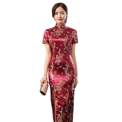 Sexy New Brocade Satin Long Fork Cheongsam Chinese Classic Women Qipao Elegant Short Sleeve Novelty Wedding Evening Dress