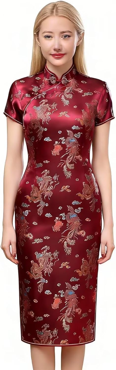 Chinese Women's Cheongsam Qipao Dress Slim Bodycon Exotic Long Split Dresses Wedding Costumes Gown Vintage Lunar New Year