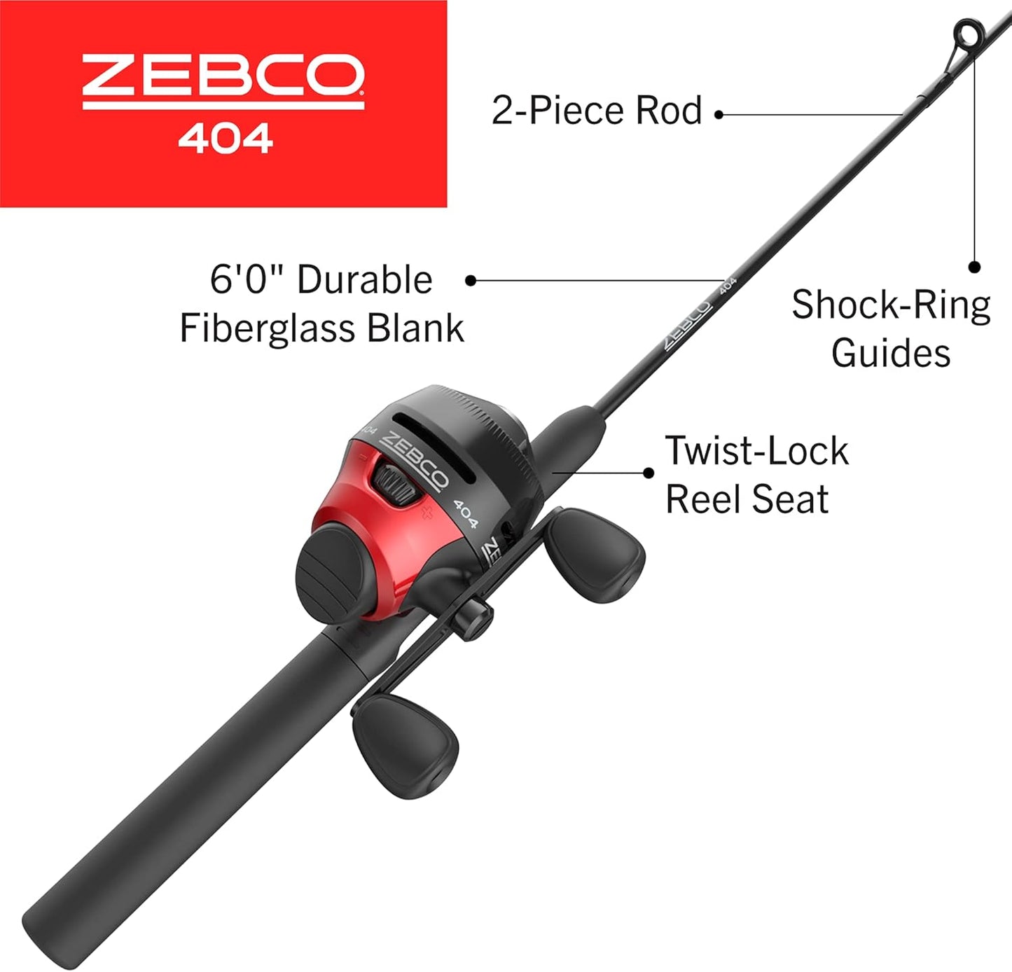 Zebco 404 Spincast Reel and Fishing Rod Combo, 6-Foot 2-Piece Fishing Pole, Size 40 Reel, Right-Hand Retrieve, Pre-Spooled with 15-Pound Zebco Line, Black/Red