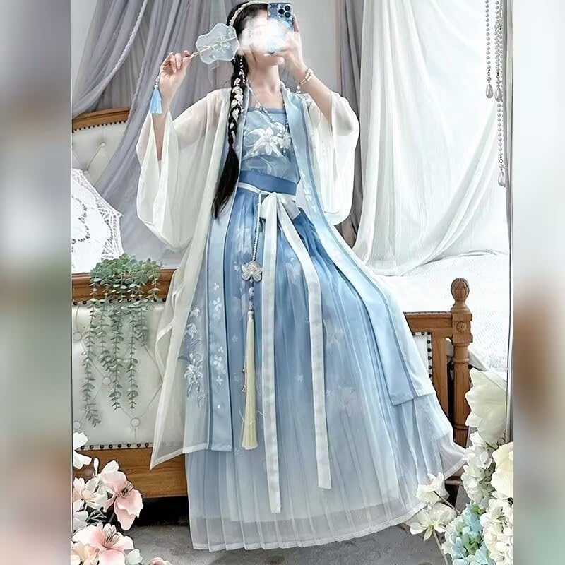 Large Size 8XL Chinese Hanfu Women Traditional Cosplay Costume Song Dynasty Summer Blue Hanfu 3pcs Suit