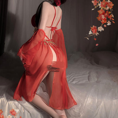 sexy cheongsam dress lingerie for women Sequin Fringe chinese Style Qipao Costume outfit anime cosplay Roleplay Bodycon Nightgown underwear Perspective High Split bra Skirt sleeve Thong Red