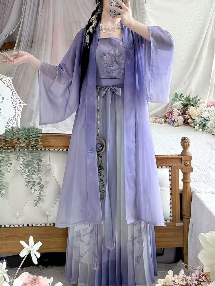 Chinese Hanfu Women Traditional Cosplay Costume Ancient Song Dynasty 2025 Summer Purple Print Hanfu 3pcs Suit