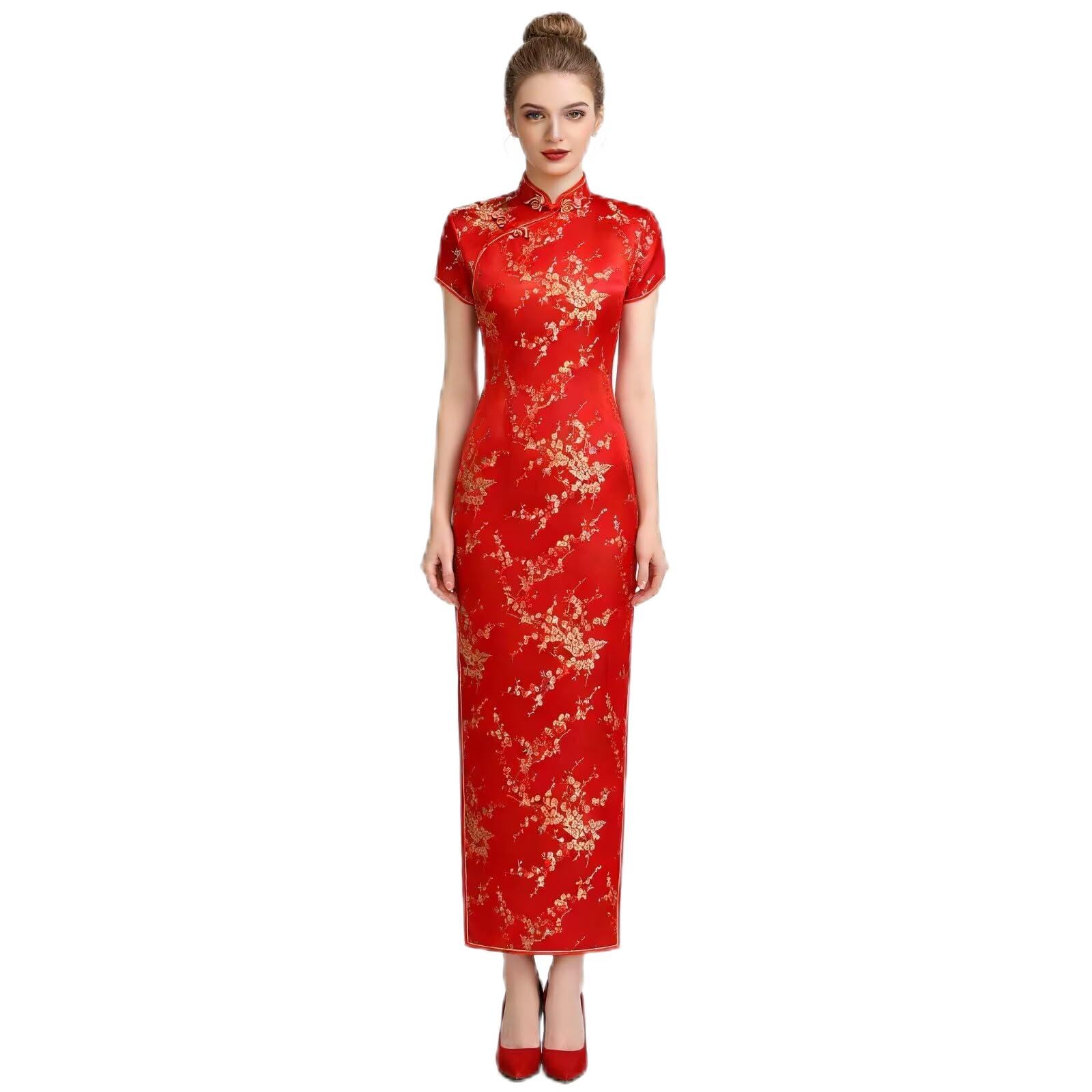 Chinese Women's Cheongsam Qipao Dress Slim Bodycon Exotic Long Split Dresses Wedding Costumes Gown Vintage Lunar New Year