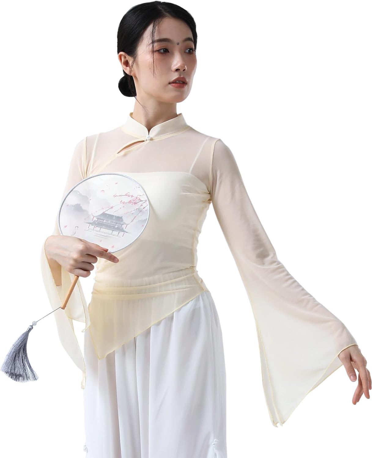 Angcoco Women's Chinese Traditional Slit Flared Long Sleeves Sheer Mesh Blouse Tops