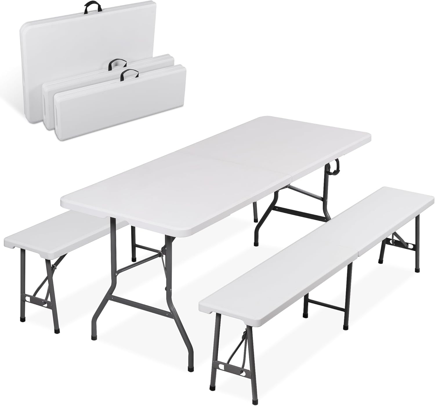 ZENY 6 Feet Picnic Table Set with 2 Benches, 3-Piece Camping Table Chair Set for Dining, Party, Garden, White