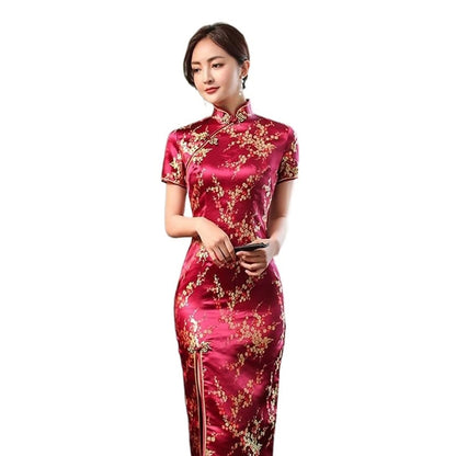 Sexy New Brocade Satin Long Fork Cheongsam Chinese Classic Women Qipao Elegant Short Sleeve Novelty Wedding Evening Dress