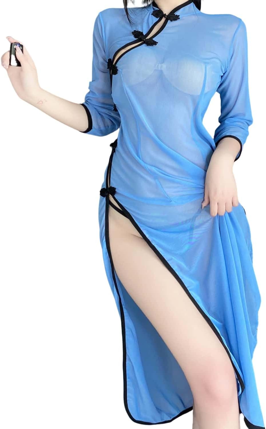 Women's Sexy Perspective Cheongsam Clothing Dress Collar Hollow Print Chinese Babydoll Classical Lingerie