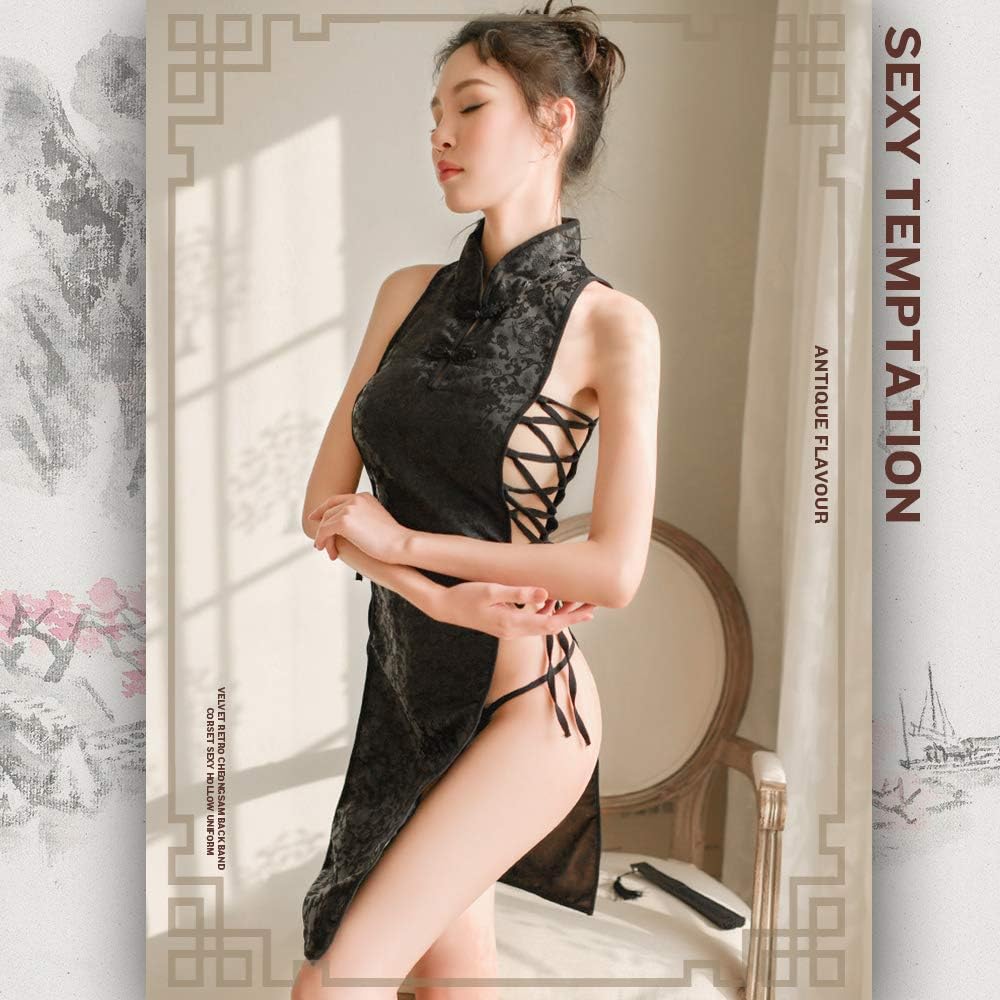 YOMORIO Sexy Chinese Cheongsam Dress Anime Cosplay Lingerie for Women Traditional Qipao (Black)