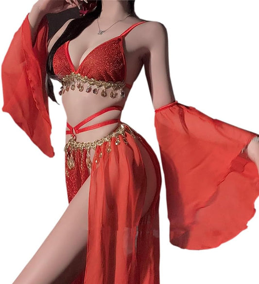 sexy cheongsam dress lingerie for women Sequin Fringe chinese Style Qipao Costume outfit anime cosplay Roleplay Bodycon Nightgown underwear Perspective High Split bra Skirt sleeve Thong Red