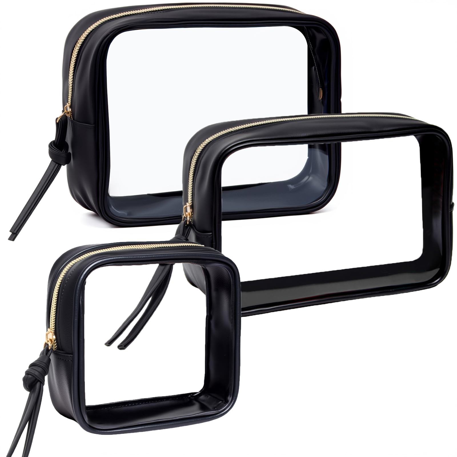 3Pcs Travel Clear Makeup Bag Set for Women, Transparent Toiletry Bag with Zipper Portable Makeup Pouch Organizer Waterproof Small Cosmetic Bag Compact Car Bag Organizer Car Accessories (Black Set)