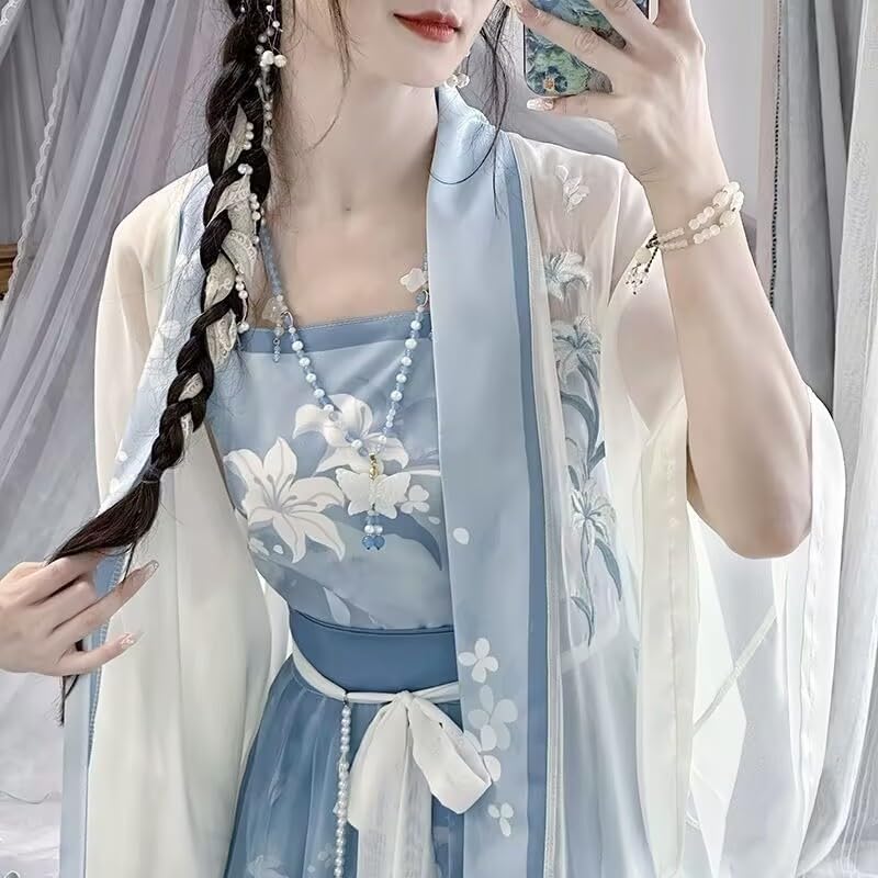 Large Size 8XL Chinese Hanfu Women Traditional Cosplay Costume Song Dynasty Summer Blue Hanfu 3pcs Suit