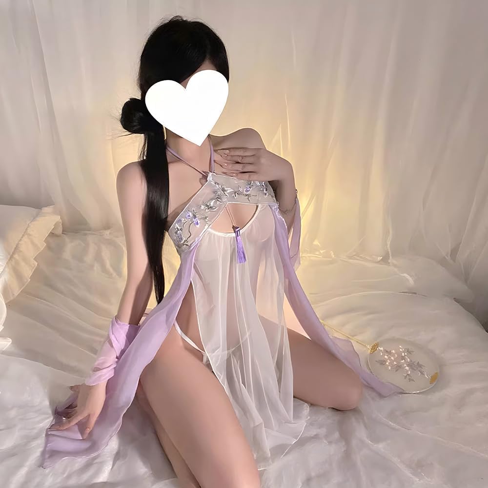 sexy lingerie dress for Women Chinese style cheongsam exotic Hanfu Outfit Cosplay Costume Fairy Cute anime Roleplay high slit babydoll Arabian Floral Embroidered Skirt shawl purple