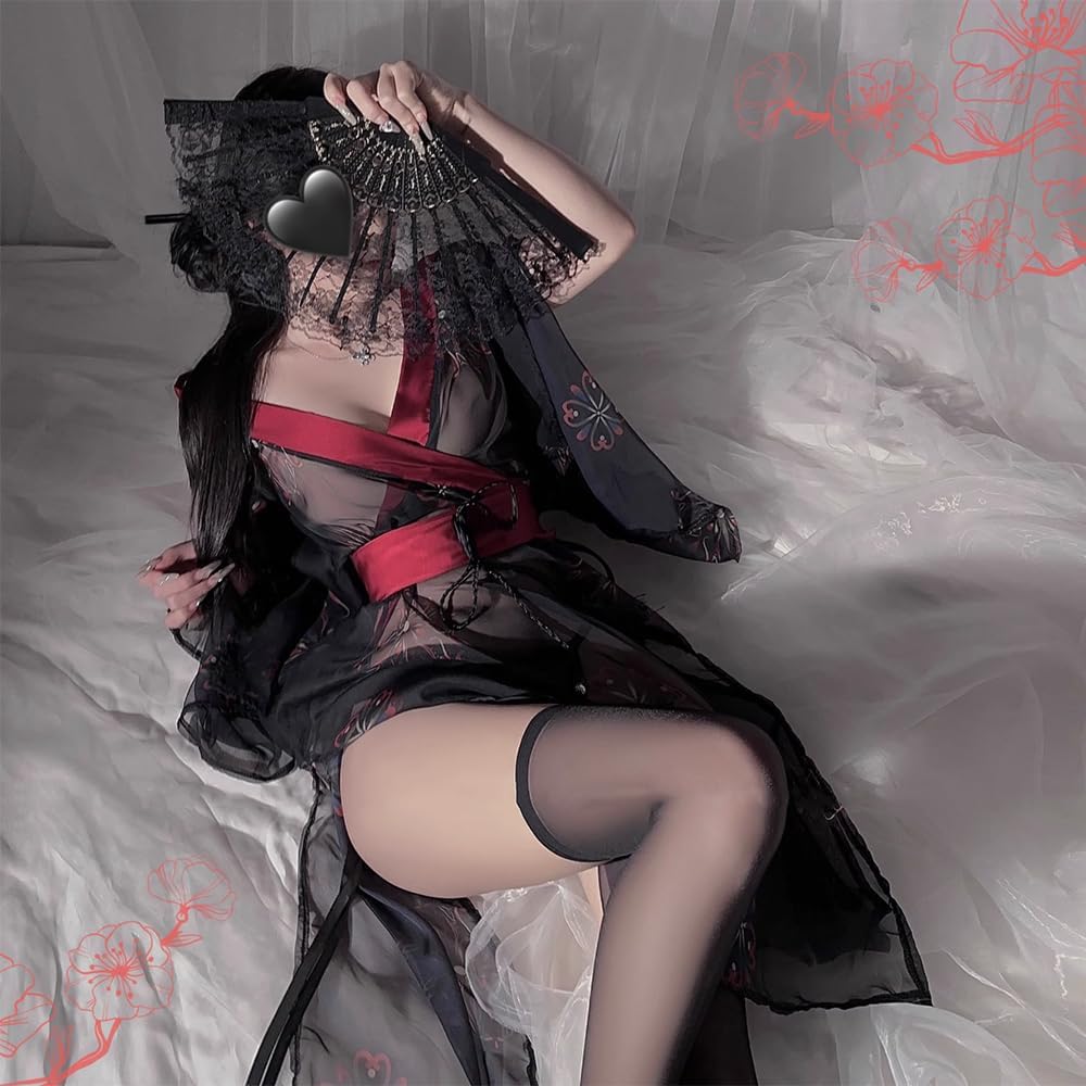 sexy kimono lingerie for women costume cosplay robe Perspective Cute open front Deep V-Neck Floral Pattern short dress japanese Yukata Anime Side Slit suit Sleepwear Pajamas outfit set black