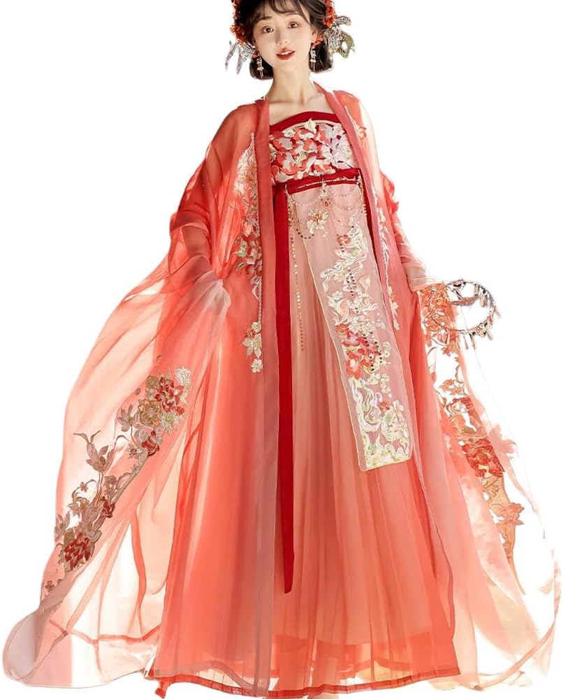 Traditional Chinese Hanfu Dress - Pink Floral Embroidered Ruqun with Sheer Cape, Elegant Ancient Style Outfit