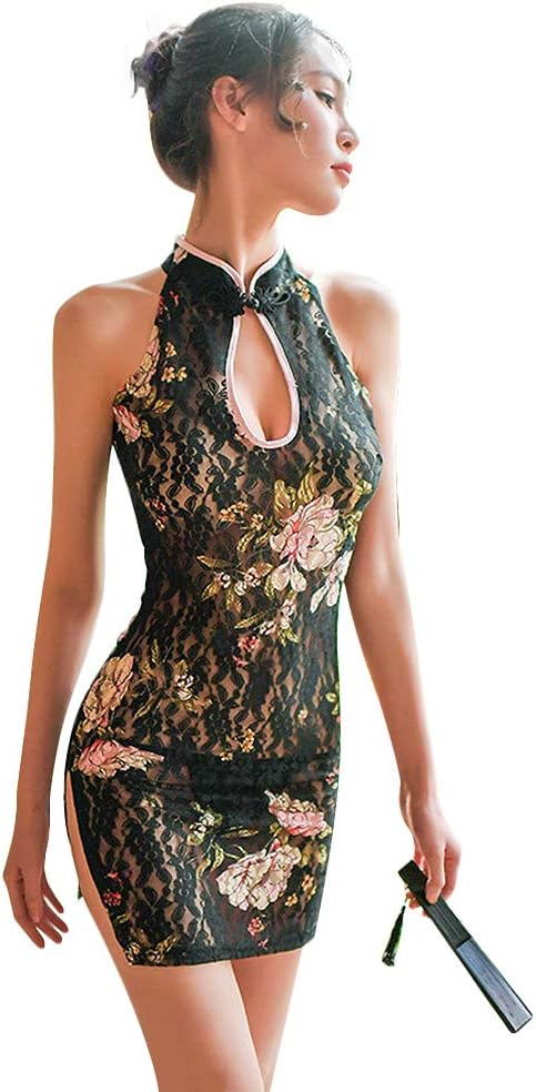 YOMORIO Womens Sexy Keyhole Cheongsam Lingerie See Through Lace Floral High Split Nightwear