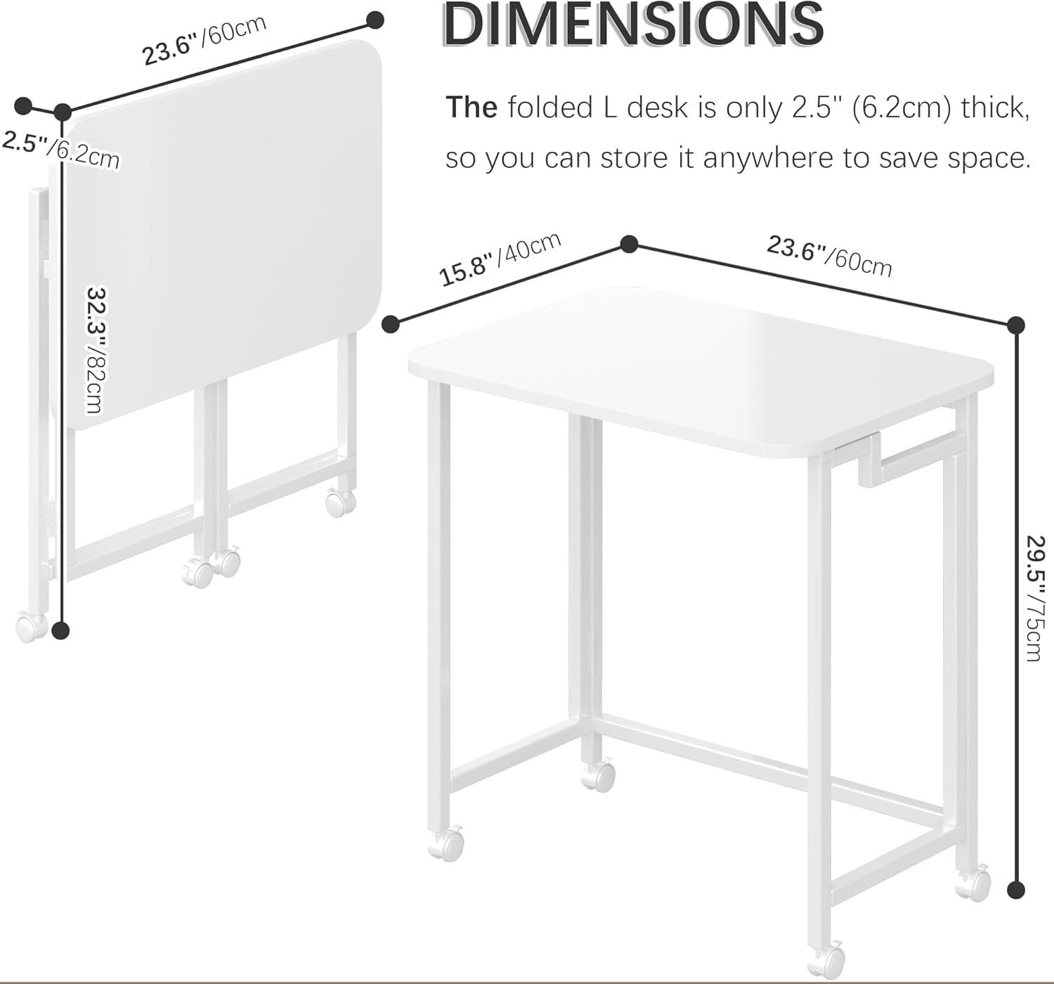 4NM 23.6" Mobile Small Rolling Computer Desk, Folding Laptop Cart Table with Wheels, Portable Office Desk for Small Space Couch Bed - All White