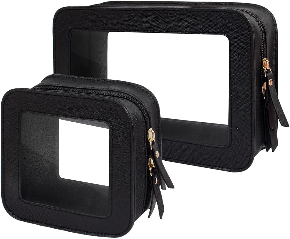 2 Pcs Travel Clear Makeup Bag Set, Clear Black Makeup Organizer with Zipper Leather Travel Bags for Toiletries Small Cosmetic Bags for Women Mini Make up Pouch Toiletry Bags Car Essentials
