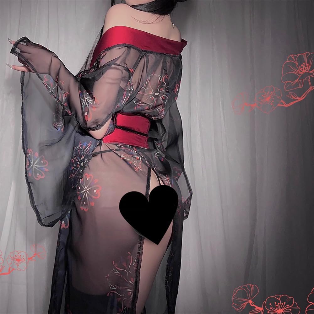 sexy kimono lingerie for women costume cosplay robe Perspective Cute open front Deep V-Neck Floral Pattern short dress japanese Yukata Anime Side Slit suit Sleepwear Pajamas outfit set black