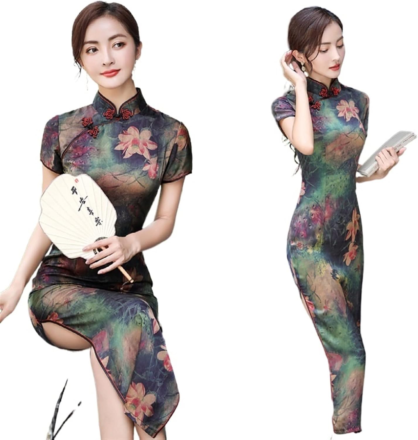 Summer Long Cheongsam Vintage Qipao Silk Fashion Daily Women Dress Slim Party Costume Dresses Lotus Landscape Print
