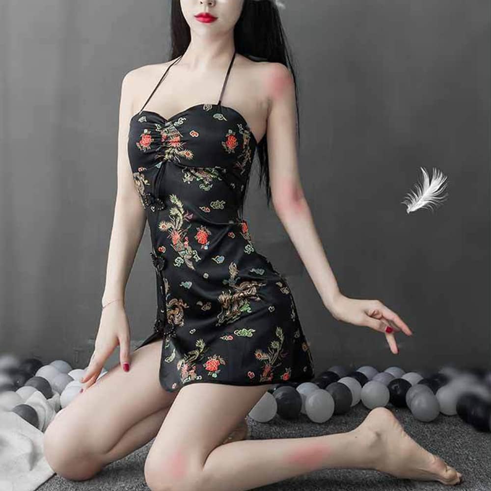 Women's Sexy Cheongsam Lingerie Cosplay Pajamas Chinese Vintage Embroidered Dress