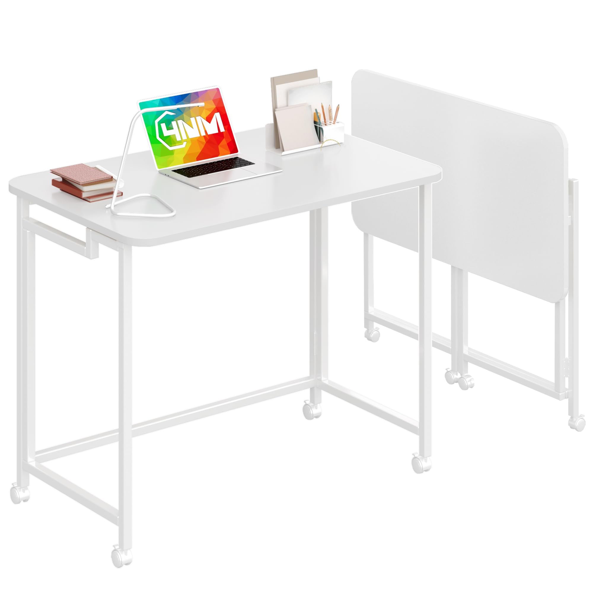 4NM 23.6" Mobile Small Rolling Computer Desk, Folding Laptop Cart Table with Wheels, Portable Office Desk for Small Space Couch Bed - All White