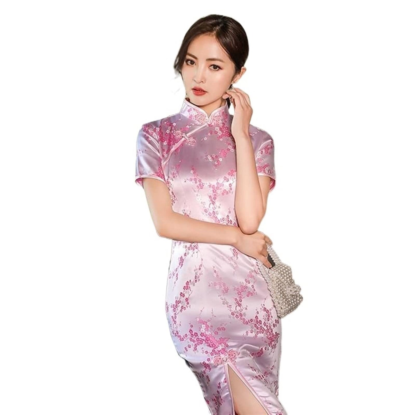 Sexy New Brocade Satin Long Fork Cheongsam Chinese Classic Women Qipao Elegant Short Sleeve Novelty Wedding Evening Dress
