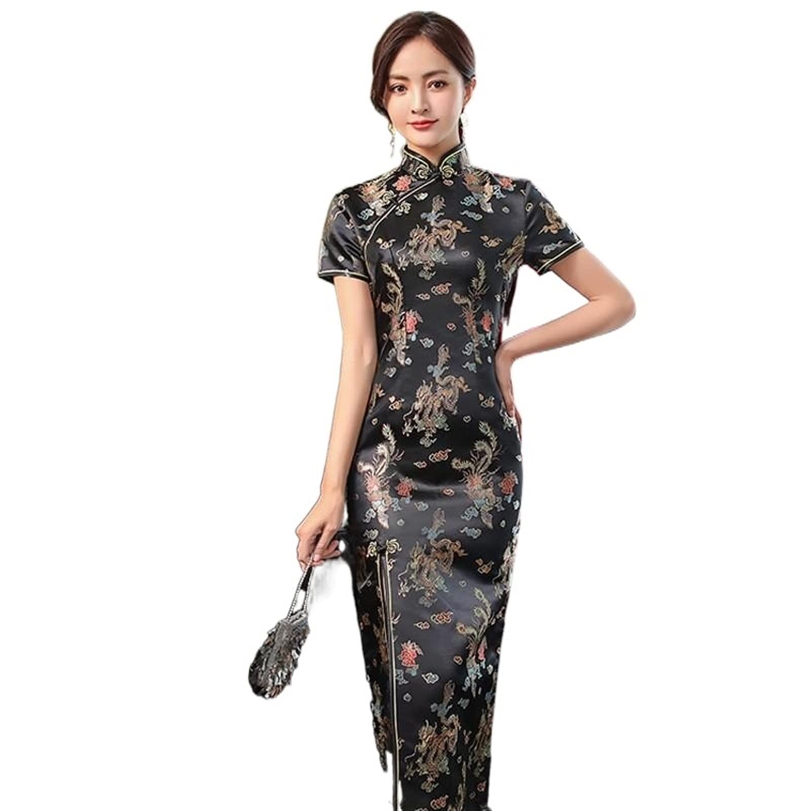 Sexy New Brocade Satin Long Fork Cheongsam Chinese Classic Women Qipao Elegant Short Sleeve Novelty Wedding Evening Dress