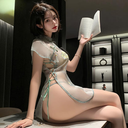 sexy cheongsam lingerie for women outfit Chinese Style Qipao cosplay Costume Sheer Short dress Bodycon Lace Skirt Chemise anime Roleplay Babydoll Thong Green