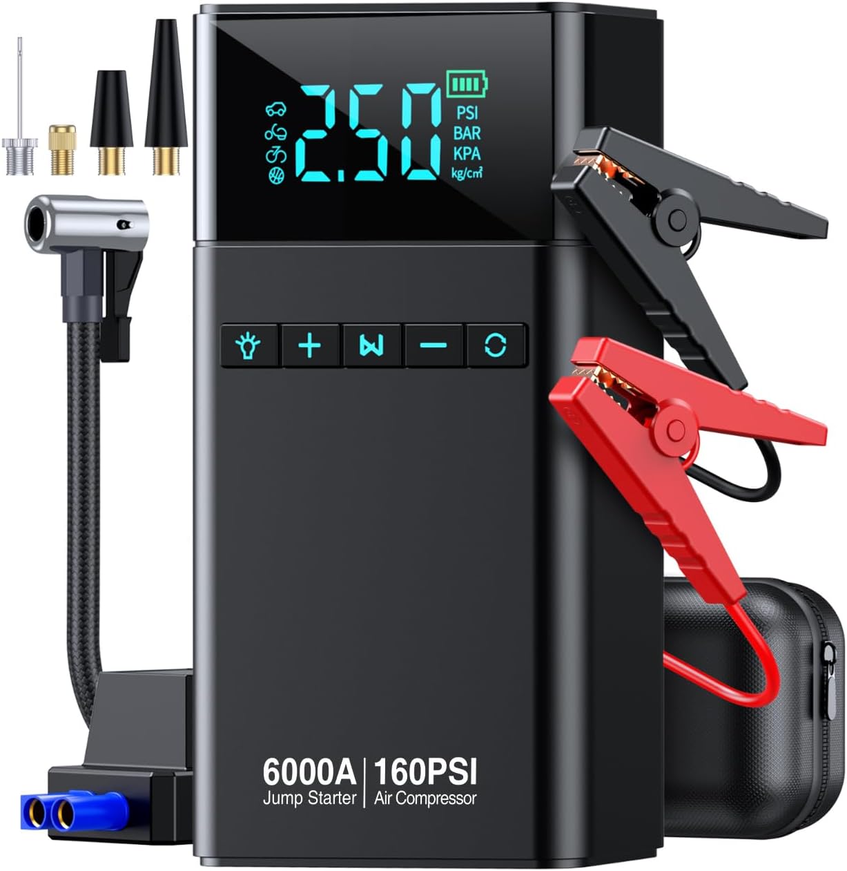 10-in-1 Portable Car Battery Jump Starter with Air Compressor, 6000A 160PSI Portable Car Jumper Starter (All Gas 12L Diesel), 12V Jump Box Car Battery Jump Starter with Jumper Cables, Lights