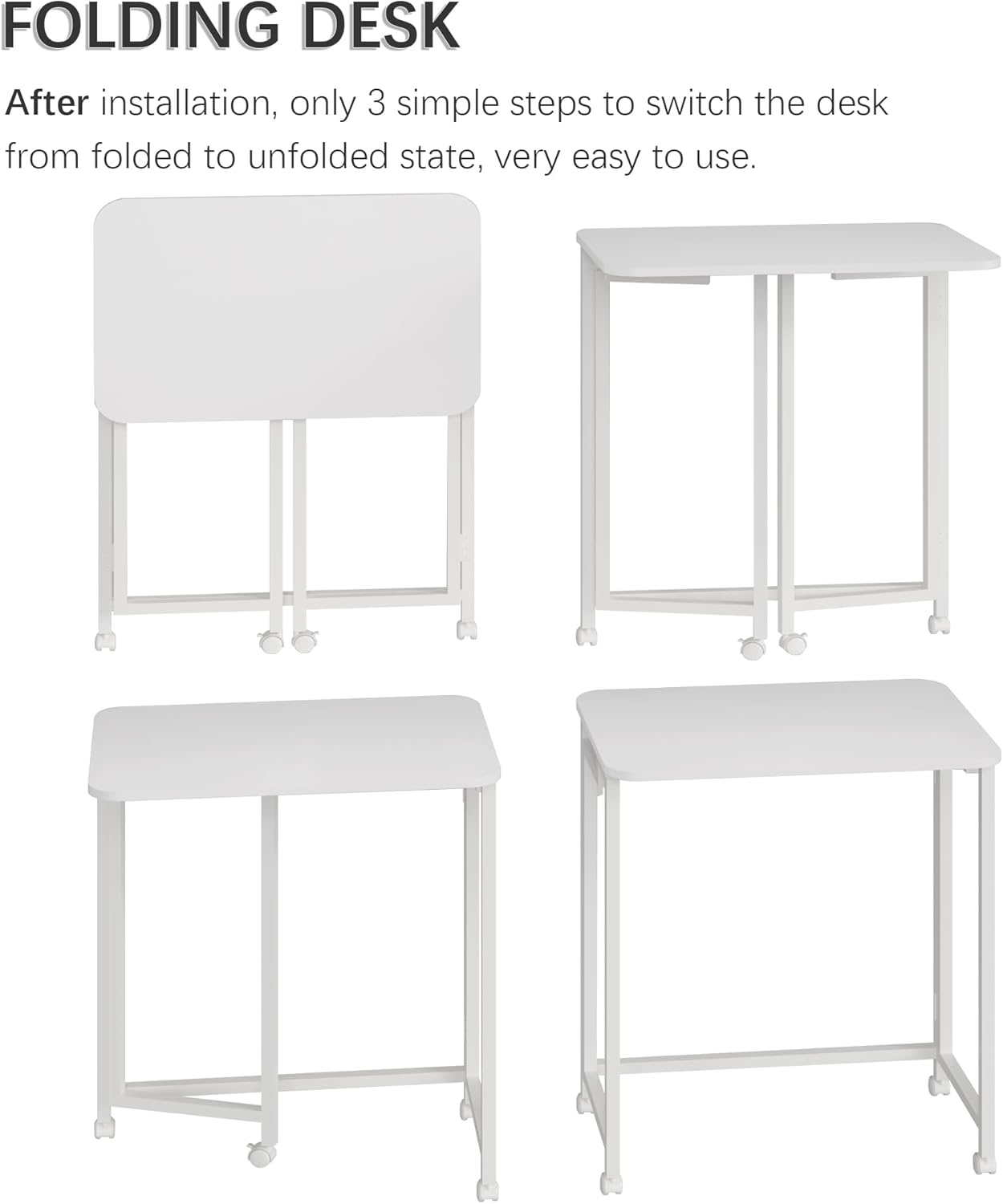 4NM 23.6" Mobile Small Rolling Computer Desk, Folding Laptop Cart Table with Wheels, Portable Office Desk for Small Space Couch Bed - All White