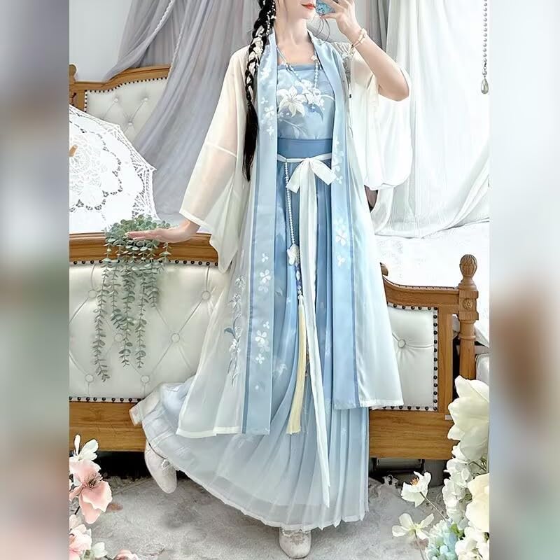 Large Size 8XL Chinese Hanfu Women Traditional Cosplay Costume Song Dynasty Summer Blue Hanfu 3pcs Suit