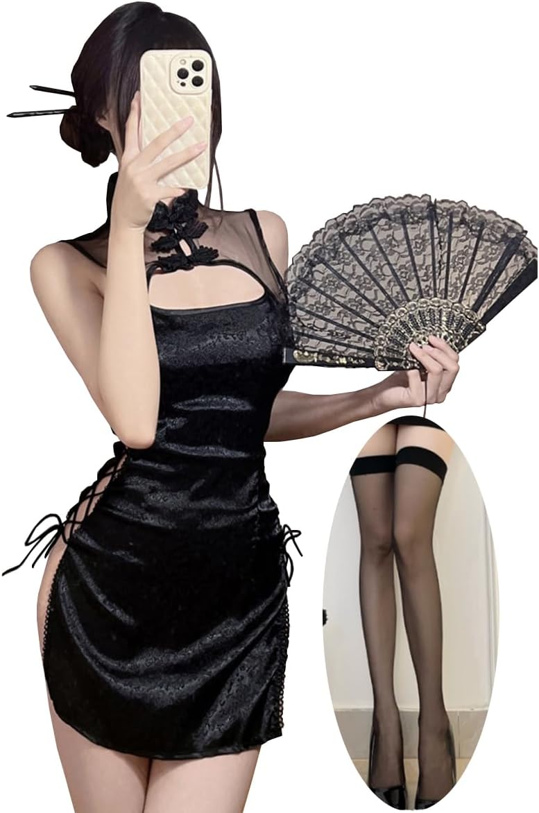 Cheongsam Dress Sexy Anime Cosplay Lingerie Outfit High Waisted Slit Dark Goth Lingerie Rave Halloween Costume