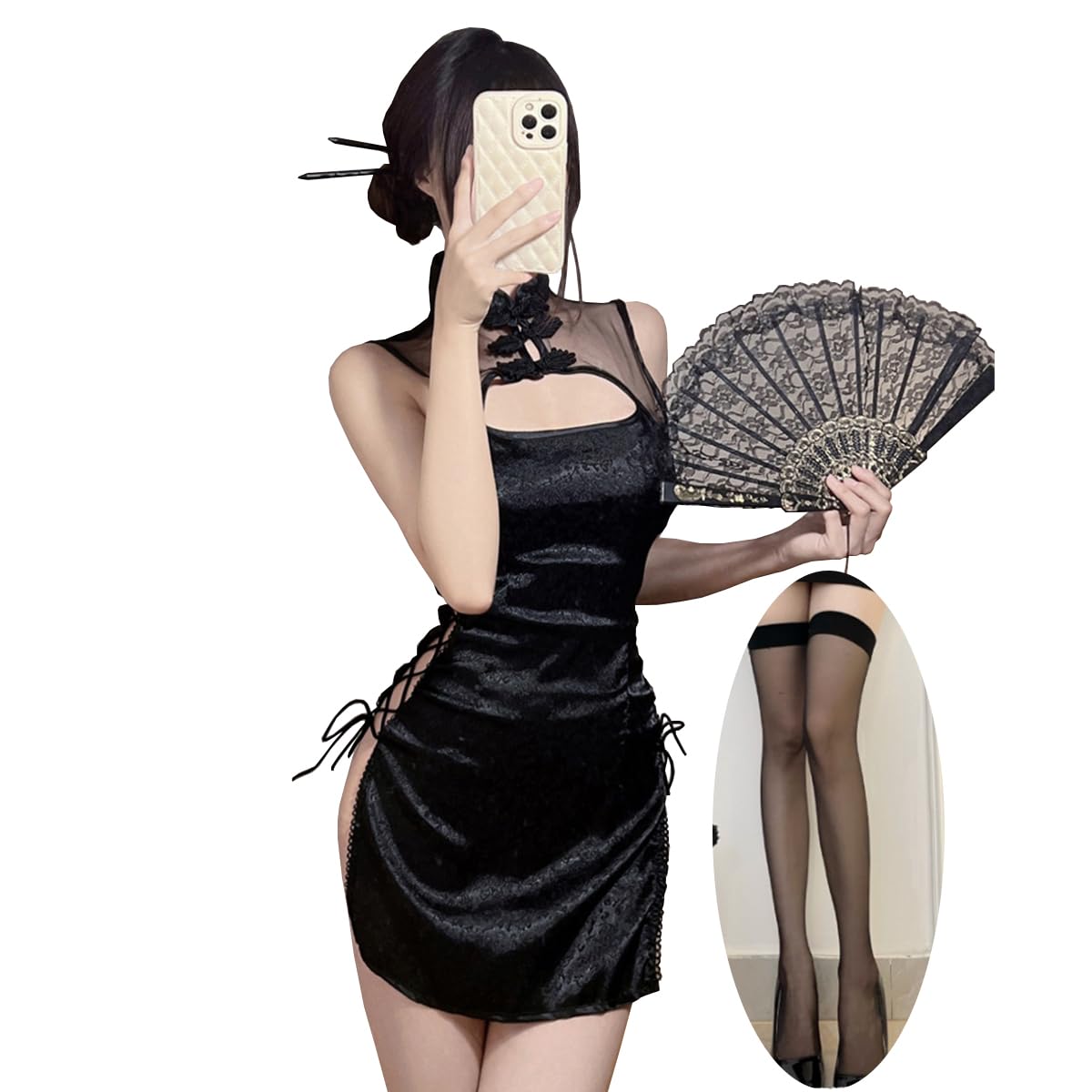 Cheongsam Dress Sexy Anime Cosplay Lingerie Outfit High Waisted Slit Dark Goth Lingerie Rave Halloween Costume