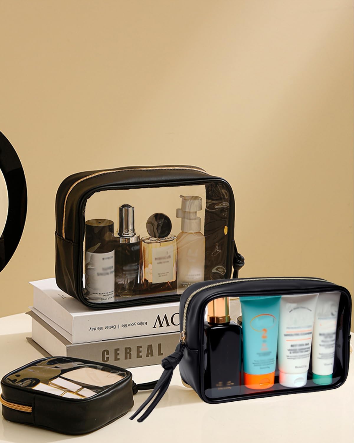 3Pcs Travel Clear Makeup Bag Set for Women, Transparent Toiletry Bag with Zipper Portable Makeup Pouch Organizer Waterproof Small Cosmetic Bag Compact Car Bag Organizer Car Accessories (Black Set)