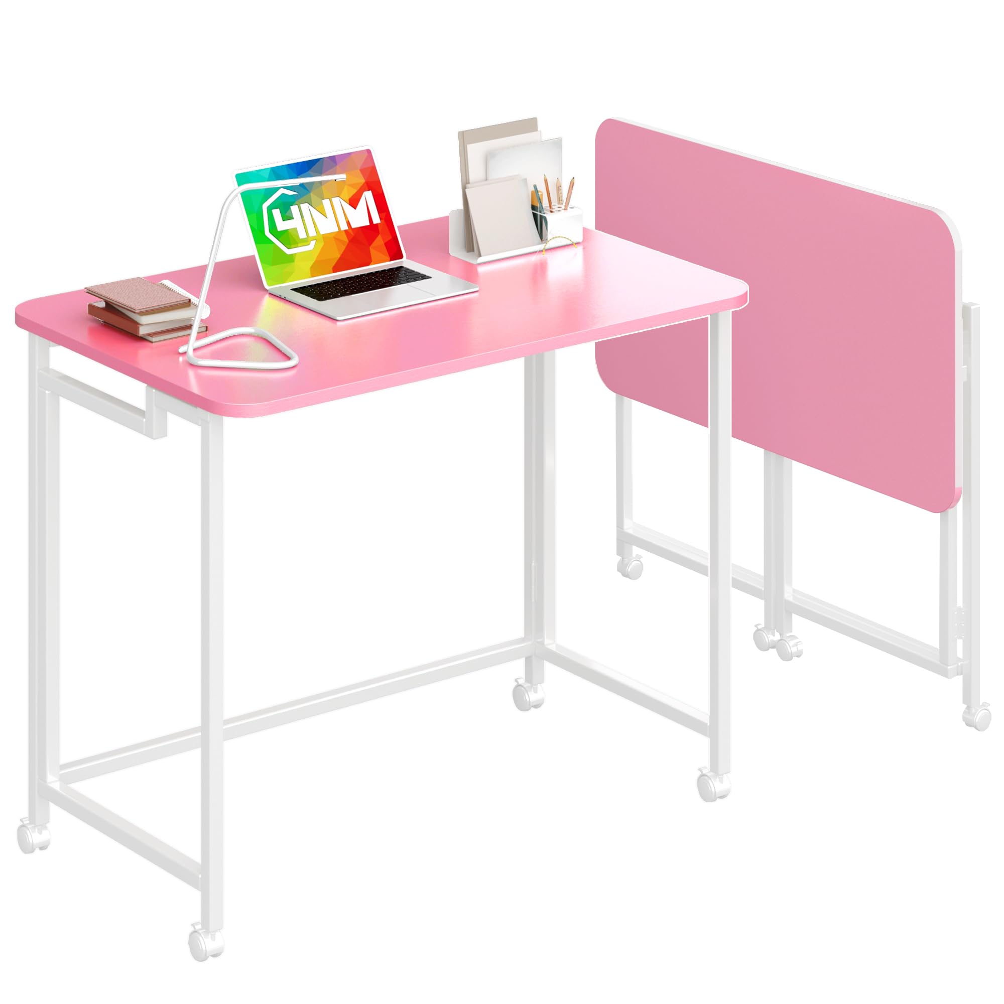 4NM 23.6" Mobile Small Rolling Computer Desk, Folding Laptop Cart Table with Wheels, Portable Office Desk for Small Space Couch Bed - All White
