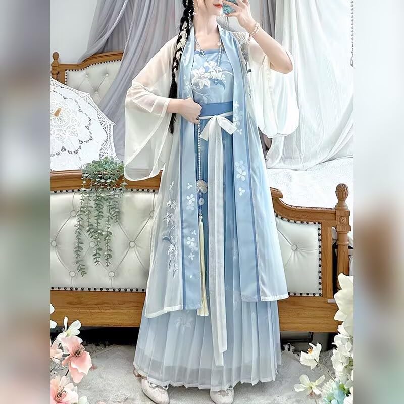 Large Size 8XL Chinese Hanfu Women Traditional Cosplay Costume Song Dynasty Summer Blue Hanfu 3pcs Suit