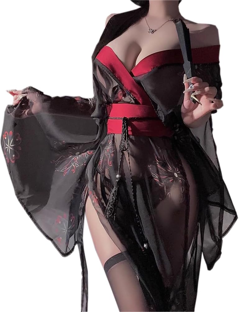 sexy kimono lingerie for women costume cosplay robe Perspective Cute open front Deep V-Neck Floral Pattern short dress japanese Yukata Anime Side Slit suit Sleepwear Pajamas outfit set black