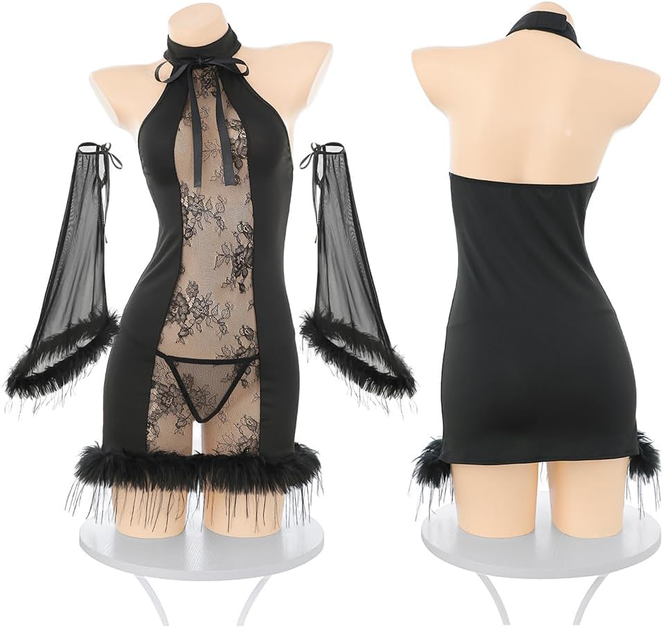 sexy cheongsam dress lingerie for women chinese Qipao cosplay Costume outfit Bodycon High Split Fluffy Feather Nightgown anime Roleplay Chemise Babydoll Sleeves Thong black